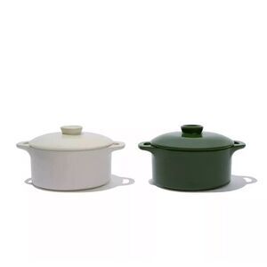 Brocc Your Body Mini Round Ceramic Cocotte Set Green and White Lids NEW IN‎ BOX
